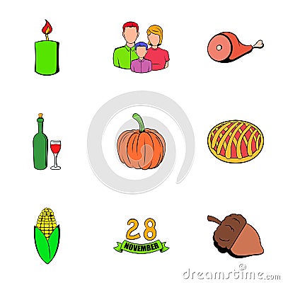 Thanksgiving day icons set, cartoon style Vector Illustration