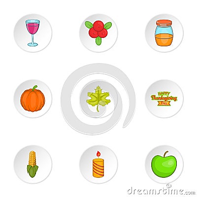 Thanksgiving day icons set, cartoon style Vector Illustration