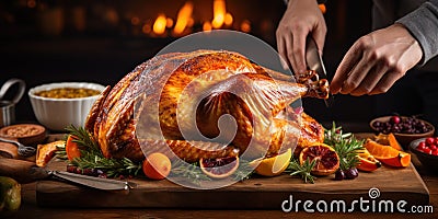 thanksgiving day, large baked turkey on a wooden table, hands cutting the twine on the legs, banner Stock Photo