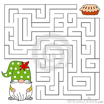 Thanksgiving day maze game for kids. Cute gnome looking for a way to the pumpkin pie. Happy thanksgiving. Doodle cartoon Vector Illustration