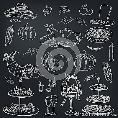 Thanksgiving day menu doodle icons Vector illustration on chalkboard Vector Illustration