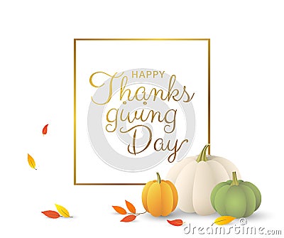 Thanksgiving day nice greeting card with pumpkins and leaves on white background. - Vector illustration Vector Illustration