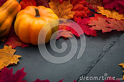 Thanksgiving day or seasonal autumn holiday setting with pumpkin, squash and fallen leaves on stony background with copy space. Stock Photo