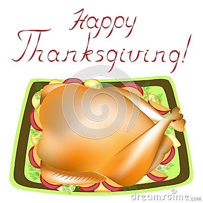 Thanksgiving Day. On the table, a delicious juicy roast turkey with garnish. Symbol of the holiday. Vector illustration Cartoon Illustration