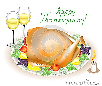 Thanksgiving Day. On the table is a delicious roast turkey with apples, peppers and herbs. Two glasses of wine and a candle. Cartoon Illustration