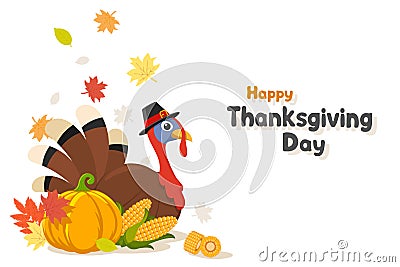 Thanksgiving Day. Turkey bird in a hat with pumpkin and corn on a white background, space for text. Character Vector Illustration