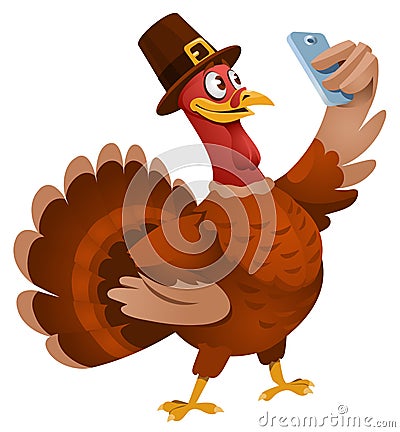 Thanksgiving Day. Turkey in a hat making selfie. Vector Illustration