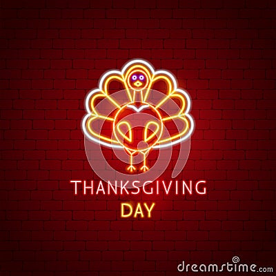Thanksgiving Day Turkey Neon Label Vector Illustration