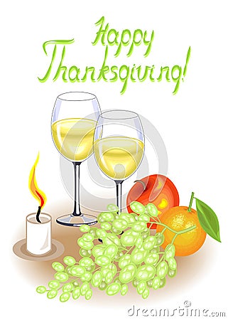 Thanksgiving Day. Two glasses of white wine and a candle. Vintage fruits, apple, grapes and orange. Vector illustration Cartoon Illustration