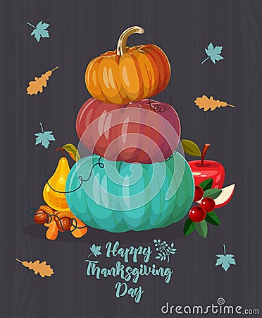 Thanksgiving day. Vector greeting card with autumn fruit, vegetables, pumpkins, leaves and flowers. Harvest festival Vector Illustration