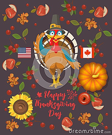 Thanksgiving day. Vector greeting card with turkey, with autumn fruit, vegetables, pumpkins, leaves and flowers. Harvest festival Vector Illustration