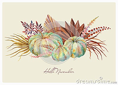 Watercolor Boho Fall Floral Blue Pumpkins Bouquet. Stock Photo