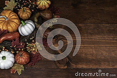 Thanksgiving decor with pumpkins, gourd and squash Stock Photo