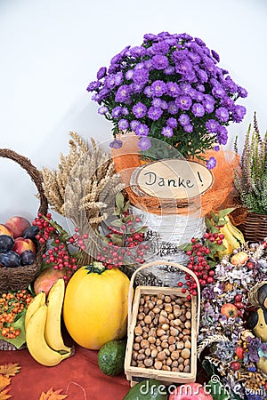 Thanksgiving decoration with fruits, wheat and flowers, wooden tree slice with german word DANKE Stock Photo
