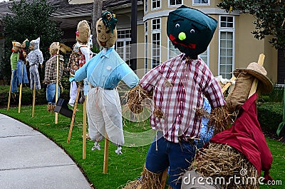 The halloween decoration - several straw thanksgiving dolls. Stock Photo