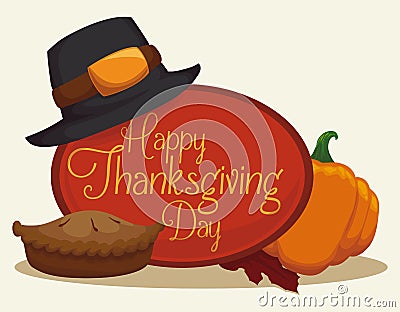 Thanksgiving Dessert Scene with Pie and Pumpkin, Vector Illustration Vector Illustration