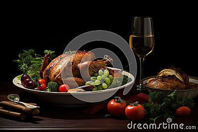 Thanksgiving dinner background with delicious turkey and appetizing dishes Stock Photo