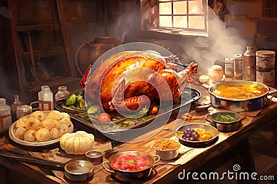 Thanksgiving dinner concept. Delicious turkey meal with pumpkin, mash potatoes with plates and cutlery on rustic wooden table. Stock Photo