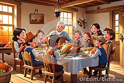 Thanksgiving dinner family gathering rural home Cartoon Illustration