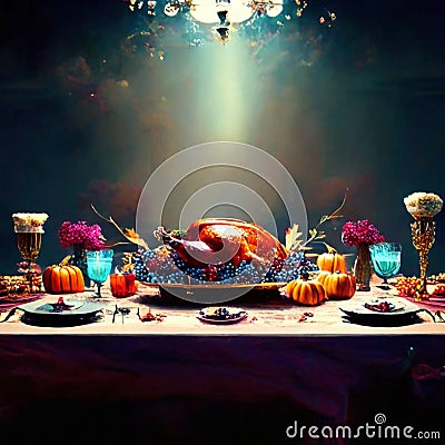 Thanksgiving dinner with roasted turkey, pumpkins, cornucopia and candles. AI generated Stock Photo