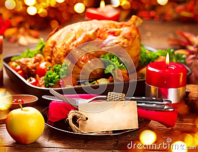 Thanksgiving dinner table served with turkey Stock Photo