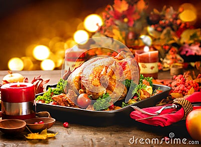 Thanksgiving dinner table served with turkey Stock Photo