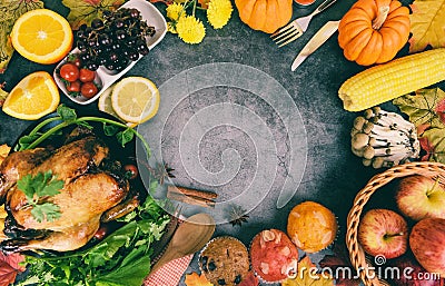 Thanksgiving dinner with turkey vegetable fruit served on holiday thanksgiving table Celebration Traditional Setting Food or Stock Photo