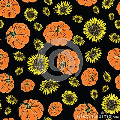 Thanksgiving doodle pumpkins, sunflower seamless pattern background design Vector Illustration