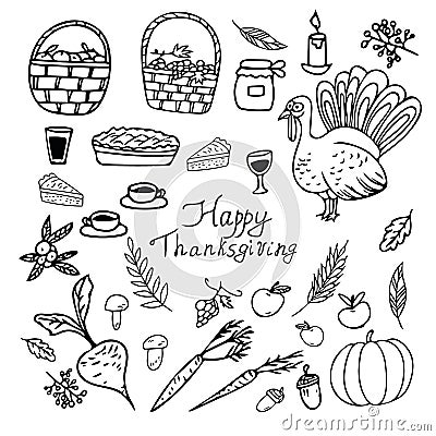 Thanksgiving doodle set graphic. set of elements hand drawn in scandinavian simple liner style Stock Photo