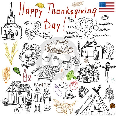 Thanksgiving doodles set. Traditional symbols sketch collection, food, drinks, turkey, pumpkin, corn, wine, wheet, vegetables Vector Illustration