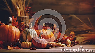 Thanksgiving and fall harvest season. Pumpkins, grape, apple and leaves over dark wood background Stock Photo