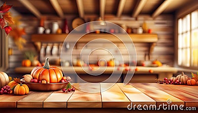 Thanksgiving farmhouse kitchen with empty wood table top for product placement Cartoon Illustration