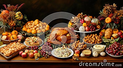 A Thanksgiving feast with a cornucopia of autumn colors and traditional dishes. Stock Photo