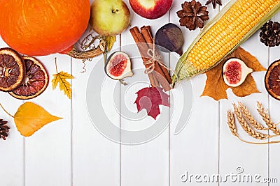 Thanksgiving flat lay with autumn harvest, spices and yellow leaves Stock Photo