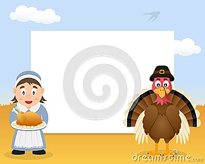 Thanksgiving Frame Housewife with Turkey Vector Illustration