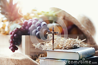 Thanksgiving fruit decoration and background with cross and bible Stock Photo