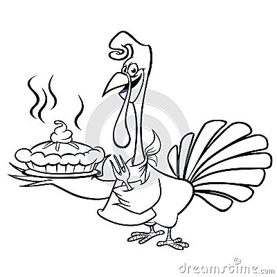 Thanksgiving funny cartoon turkey chief cook serving pumpkin pie outline strokes. Vector Illustration