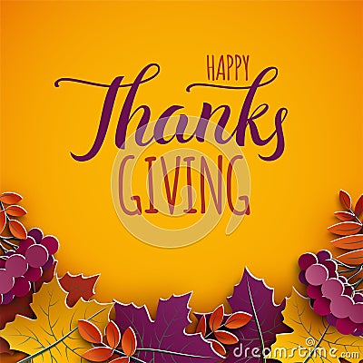 Thanksgiving greeting card, congratulation text. Autumn tree leaves on yellow background. Autumnal holiday design fall banner Vector Illustration