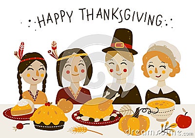 Thanksgiving greeting card with Indians and pilgrims Vector Illustration