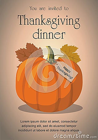 Thanksgiving greeting card and invitation with pumpkin. Vector Illustration