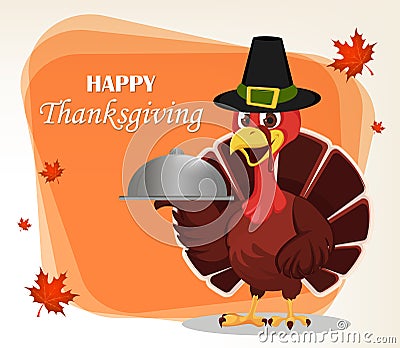 Thanksgiving greeting card with a turkey bird wearing a Pilgrim Vector Illustration