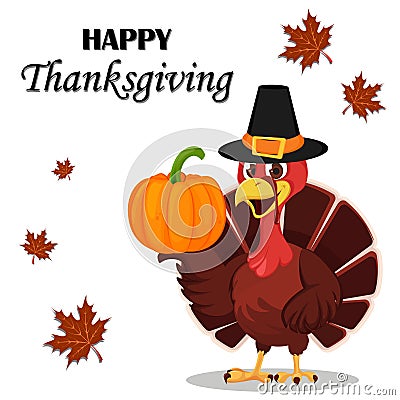Thanksgiving greeting card with a turkey bird wearing a Pilgrim Vector Illustration