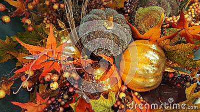 Thanksgiving & Halloween decor with pumpkins. Fall, Autumn. Stock Photo