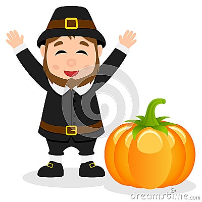 Thanksgiving Happy Pilgrim Man & Pumpkin Vector Illustration