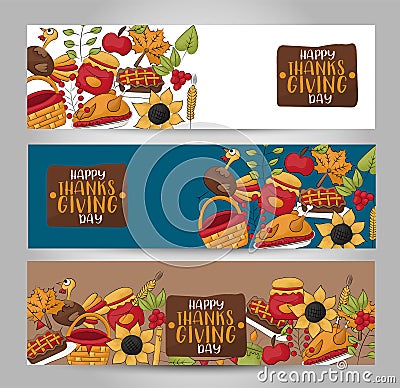 Thanksgiving horizontal banner set. Happy holiday background. Turkey day sale design. Vector Illustration