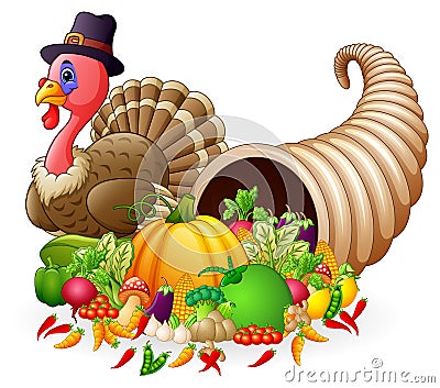 Thanksgiving horn of plenty cornucopia full of vegetables and fruit with cartoon pilgrim turkey Vector Illustration