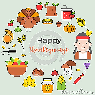 Thanksgiving icon arrange as circle shape and happy thanksgiving Vector Illustration