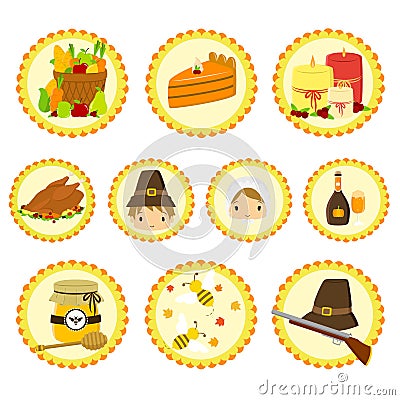 Thanksgiving Pilgrim Characters and Items Icon Set. Vector Illustration