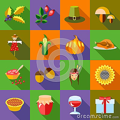 Thanksgiving icons set, flat style Vector Illustration