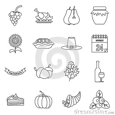 Thanksgiving icons set, outline style Vector Illustration